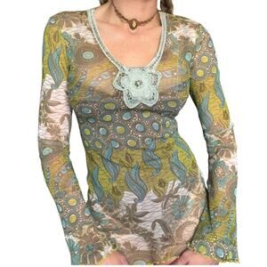 Euro boho mesh long sleeve top 🌿 earthy fairy patchwork print crochet detail